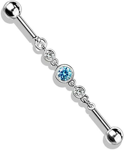 Surgical Steel Triple Round CZ Chain Industrial Barbell Industrial Barbell Impulse Piercings Aqua