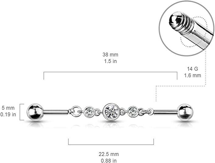 Surgical Steel Triple Round CZ Chain Industrial Barbell Industrial Barbell Impulse Piercings