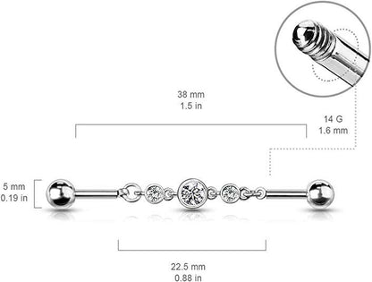 Surgical Steel Triple Round CZ Chain Industrial Barbell Industrial Barbell Impulse Piercings