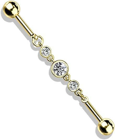 Surgical Steel Triple Round CZ Chain Industrial Barbell Industrial Barbell Impulse Piercings Gold