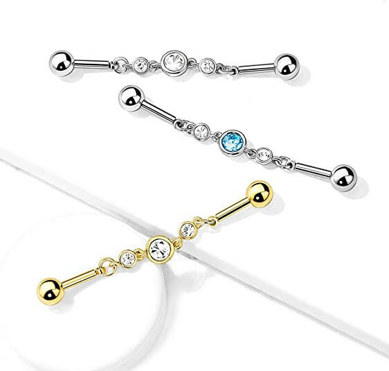 Surgical Steel Triple Round CZ Chain Industrial Barbell Industrial Barbell Impulse Piercings