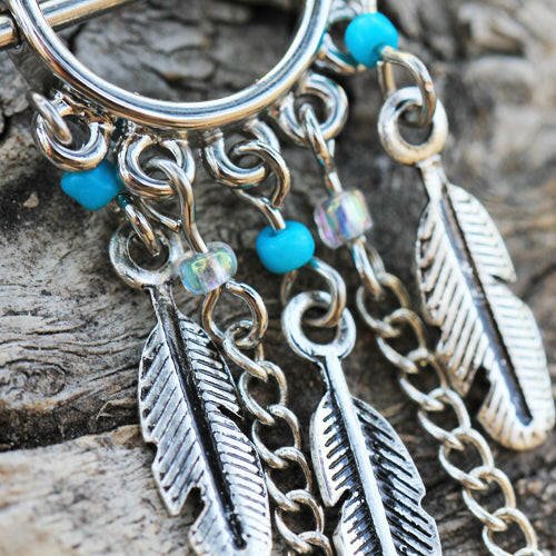 Surgical Steel Turquoise Beads Feather Dangle Nipple Shield Nipple Ring Impulse Piercings