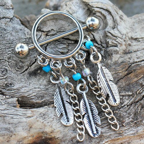 Surgical Steel Turquoise Beads Feather Dangle Nipple Shield Nipple Ring Impulse Piercings