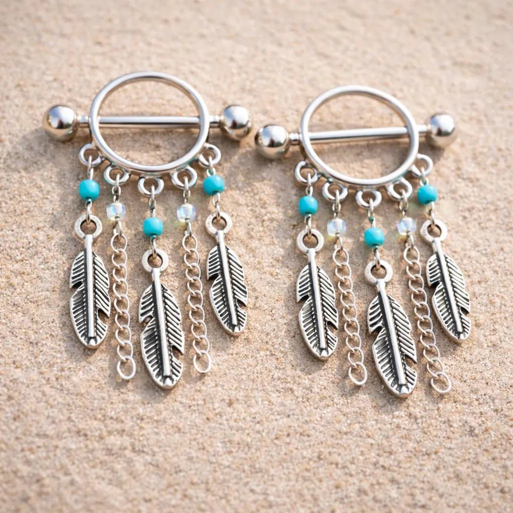 Surgical Steel Turquoise Beads Feather Dangle Nipple Shield Nipple Ring Skin Metals