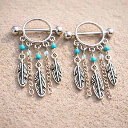 Surgical Steel Turquoise Beads Feather Dangle Nipple Shield Nipple Ring Skin Metals