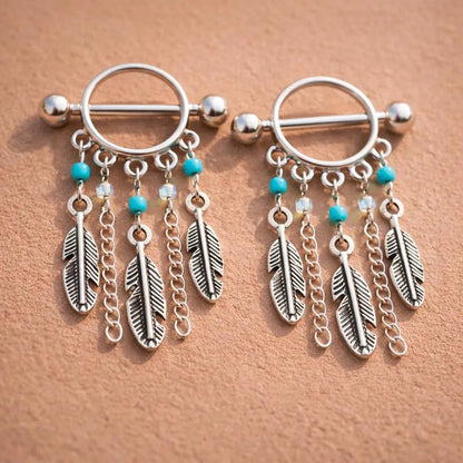 Surgical Steel Turquoise Beads Feather Dangle Nipple Shield Nipple Ring Skin Metals