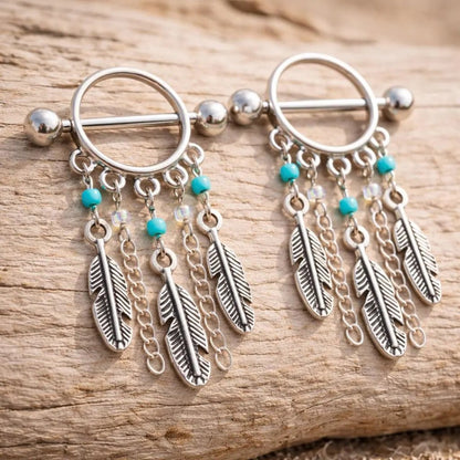 Surgical Steel Turquoise Beads Feather Dangle Nipple Shield Nipple Ring Skin Metals