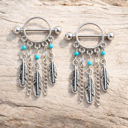 Surgical Steel Turquoise Beads Feather Dangle Nipple Shield Nipple Ring Skin Metals