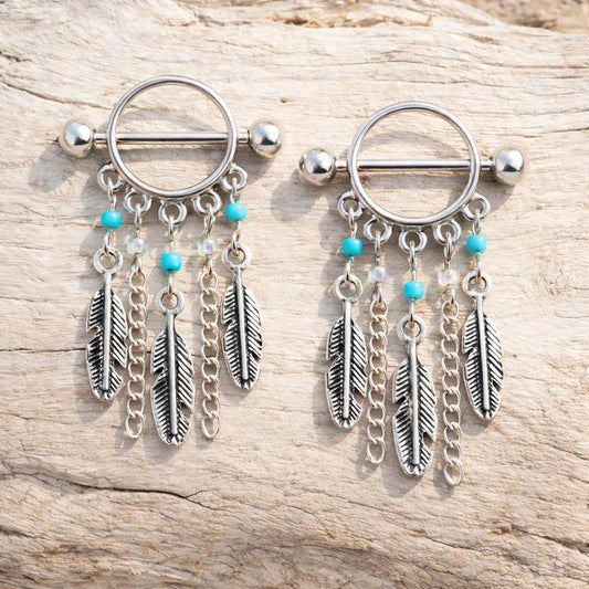 Surgical Steel Turquoise Beads Feather Dangle Nipple Shield Nipple Ring Skin Metals