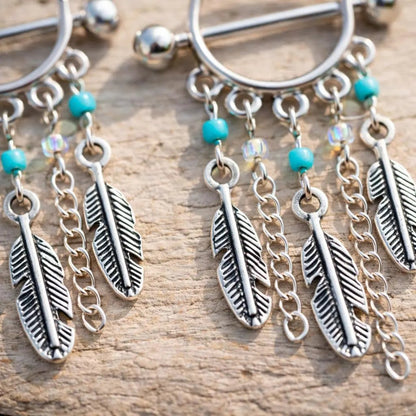 Surgical Steel Turquoise Beads Feather Dangle Nipple Shield Nipple Ring Skin Metals