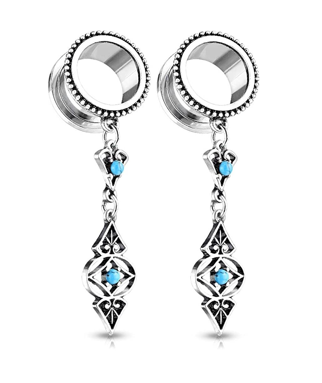 Surgical Steel Turquoise Tribal Charms Dangle Screw Fit Flesh Tunnel Plugs Plugs Impulse Piercings 2GA (6mm)