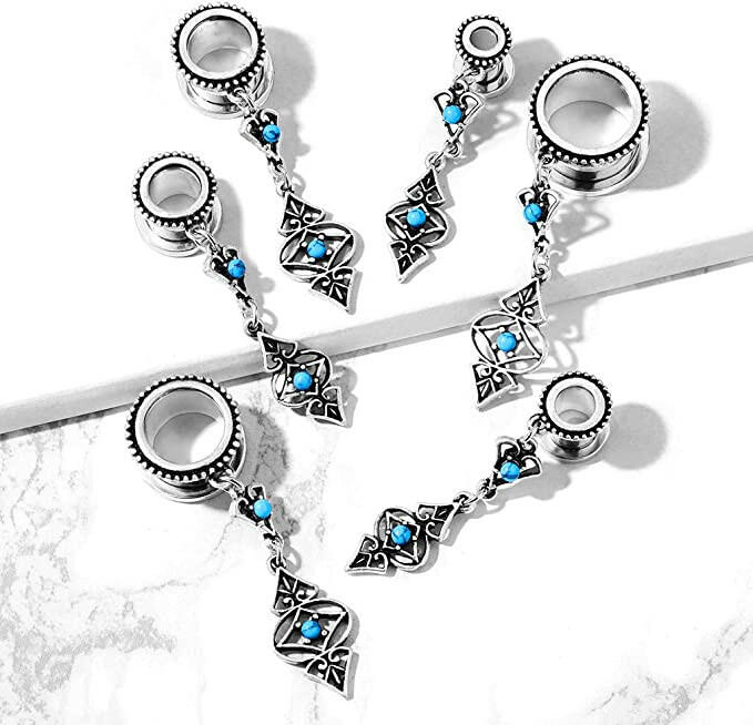 Surgical Steel Turquoise Tribal Charms Dangle Screw Fit Flesh Tunnel Plugs Plugs Impulse Piercings