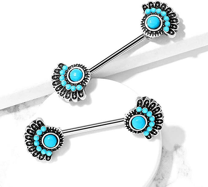 Surgical Steel Turquoise Tribal Fan Nipple Barbell Rings Nipple Ring Impulse Piercings