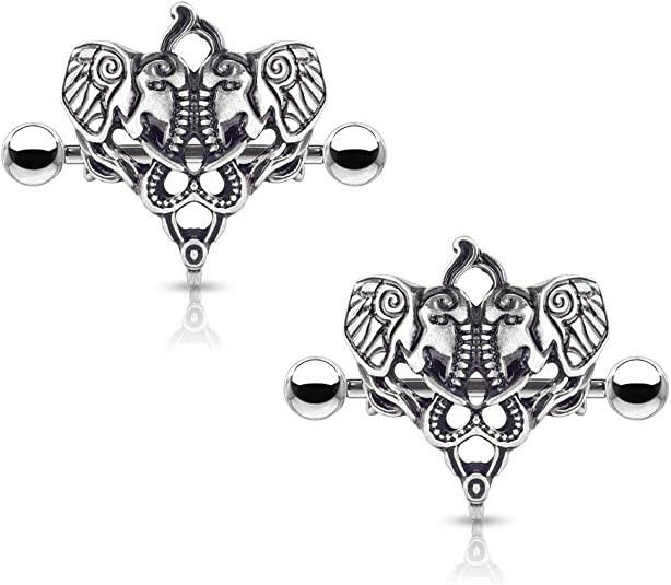 Surgical Steel Two Elephants Nipple Shield Rings Nipple Ring Impulse Piercings Silver