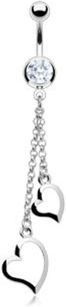 Surgical Steel Two Heart Chain Dangle with CZ Belly Navel Ring Navel Ring Impulse Piercings Clear