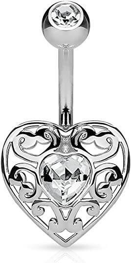 Surgical Steel Vintage Filigree Heart with Heart Crystal Center Belly Navel Ring Navel Ring Impulse Piercings Clear