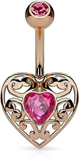 Surgical Steel Vintage Filigree Heart with Heart Crystal Center Belly Navel Ring Navel Ring Impulse Piercings Pink