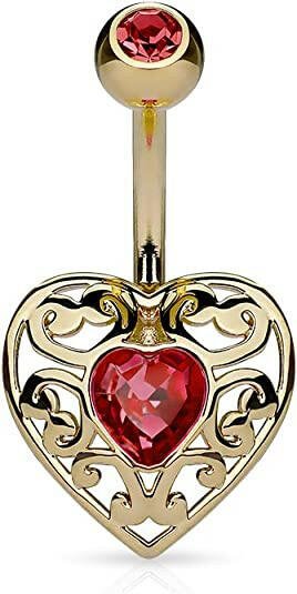 Surgical Steel Vintage Filigree Heart with Heart Crystal Center Belly Navel Ring Navel Ring Impulse Piercings Red