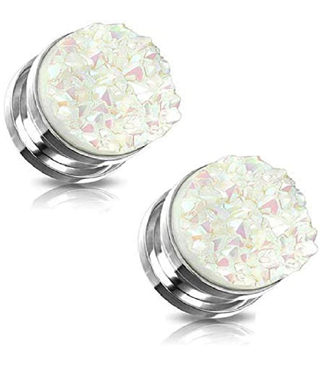 Surgical Steel White Druzy Stone Front Screw Fit Flesh Tunnel Plugs Plugs Impulse Piercings 2GA (6mm)