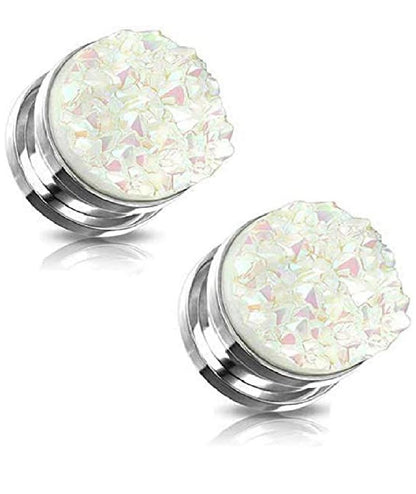 Surgical Steel White Druzy Stone Front Screw Fit Flesh Tunnel Plugs Plugs Impulse Piercings 2GA (6mm)