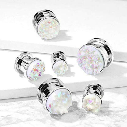 Surgical Steel White Druzy Stone Front Screw Fit Flesh Tunnel Plugs Plugs Impulse Piercings