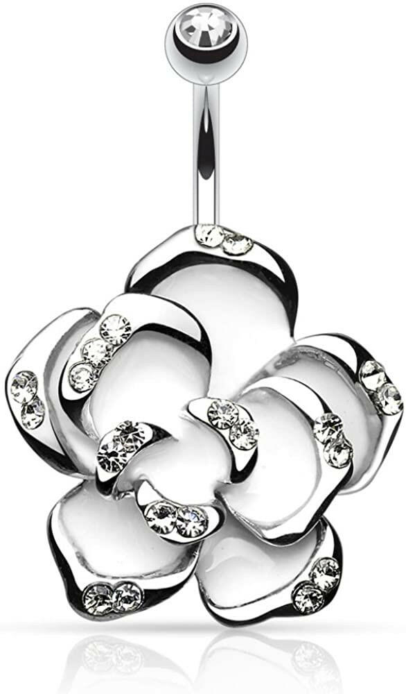 Surgical Steel White Flower with Gem Petals Belly Navel Ring Navel Ring Impulse Piercings