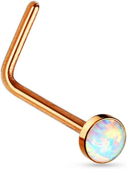 Surgical Steel White Opal Set Flat Top PVD Over L Bend Nose Rings Nose Ring Impulse Piercings Rose Gold