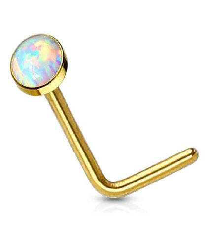 Surgical Steel White Opal Set Flat Top PVD Over L Bend Nose Rings Nose Ring Impulse Piercings Gold