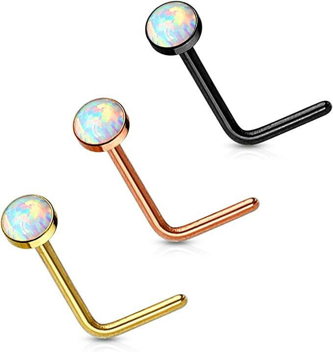 Surgical Steel White Opal Set Flat Top PVD Over L Bend Nose Rings Nose Ring Impulse Piercings