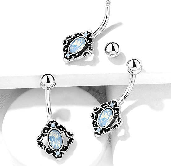 Surgical Steel White Opalite Crystal Centered Filigree Square Belly Navel Ring Navel Ring Impulse Piercings