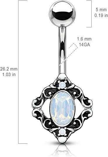 Surgical Steel White Opalite Crystal Centered Filigree Square Belly Navel Ring Navel Ring Impulse Piercings