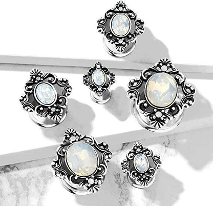 Surgical Steel White Oval Opalite Stone Set Filigree Square Front Double Flared Tunnels Plugs Impulse Piercings