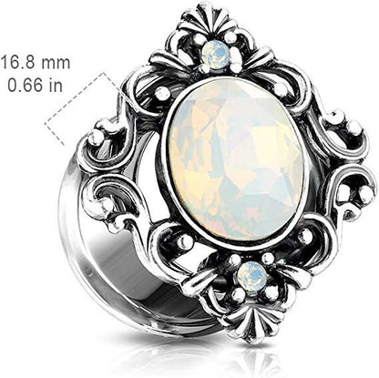 Surgical Steel White Oval Opalite Stone Set Filigree Square Front Double Flared Tunnels Plugs Impulse Piercings