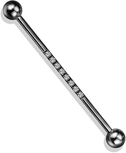 Surgical Steel With CNC Lined CZ on Bar Industrial Barbell Industrial Barbell Impulse Piercings Black