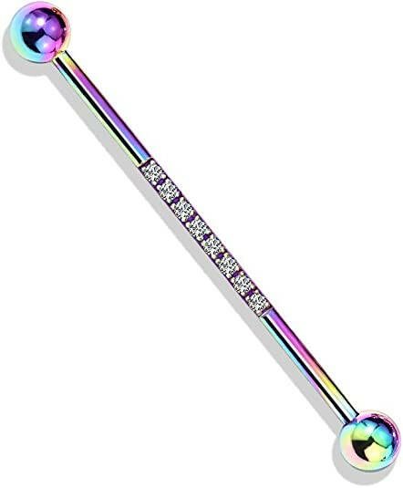 Surgical Steel With CNC Lined CZ on Bar Industrial Barbell Industrial Barbell Impulse Piercings Rainbow