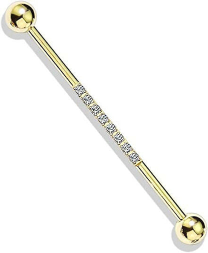 Surgical Steel With CNC Lined CZ on Bar Industrial Barbell Industrial Barbell Impulse Piercings Gold