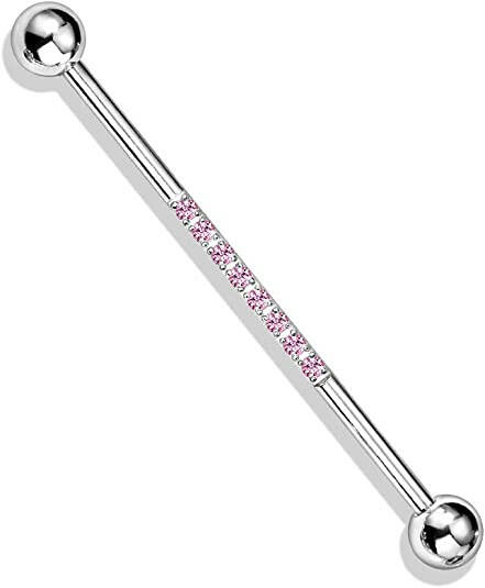 Surgical Steel With CNC Lined CZ on Bar Industrial Barbell Industrial Barbell Impulse Piercings Pink