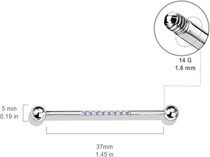 Surgical Steel With CNC Lined CZ on Bar Industrial Barbell Industrial Barbell Impulse Piercings