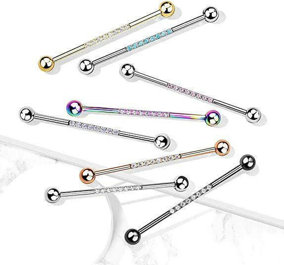 Surgical Steel With CNC Lined CZ on Bar Industrial Barbell Industrial Barbell Impulse Piercings