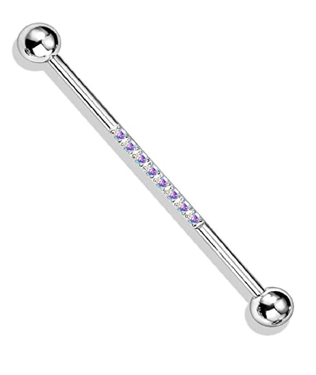 Surgical Steel With CNC Lined CZ on Bar Industrial Barbell Industrial Barbell Impulse Piercings Aurora Borealis