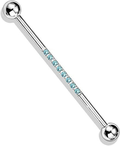 Surgical Steel With CNC Lined CZ on Bar Industrial Barbell Industrial Barbell Impulse Piercings Aqua