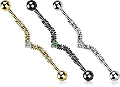 Surgical Steel with Spring Coil and Square Center Gem Industrial Barbell Industrial Barbell Impulse Piercings