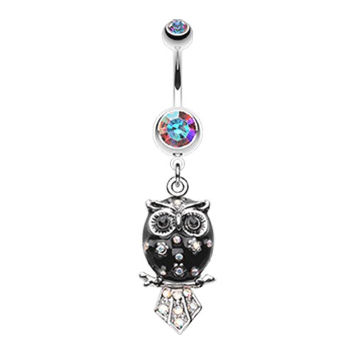 Sweet Blossom Owl Belly Button Ring Navel Ring Impulse Piercings 14 gauge (1.6mm) Aurora Borealis/Black