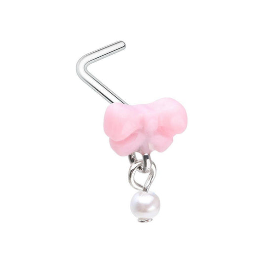 Sweet Kawaii Coquette Bow Pearl Dangle L-Shape Nose Ring Nose Ring Impulse Piercings 20 GA Length (7mm)