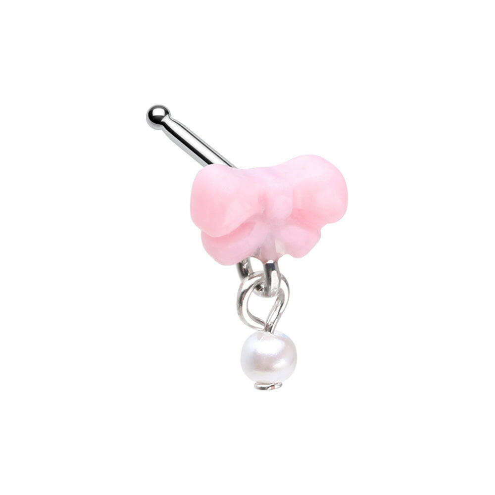 Sweet Kawaii Coquette Bow Pearl Dangle Nose Stud Ring Nose Ring Impulse Piercings 20 GA (7mm)