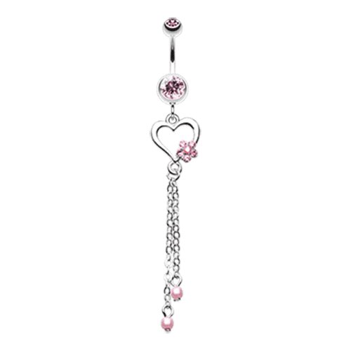 Sweet Pearl Heart and Flower Belly Button Ring Navel Ring Impulse Piercings Light Pink