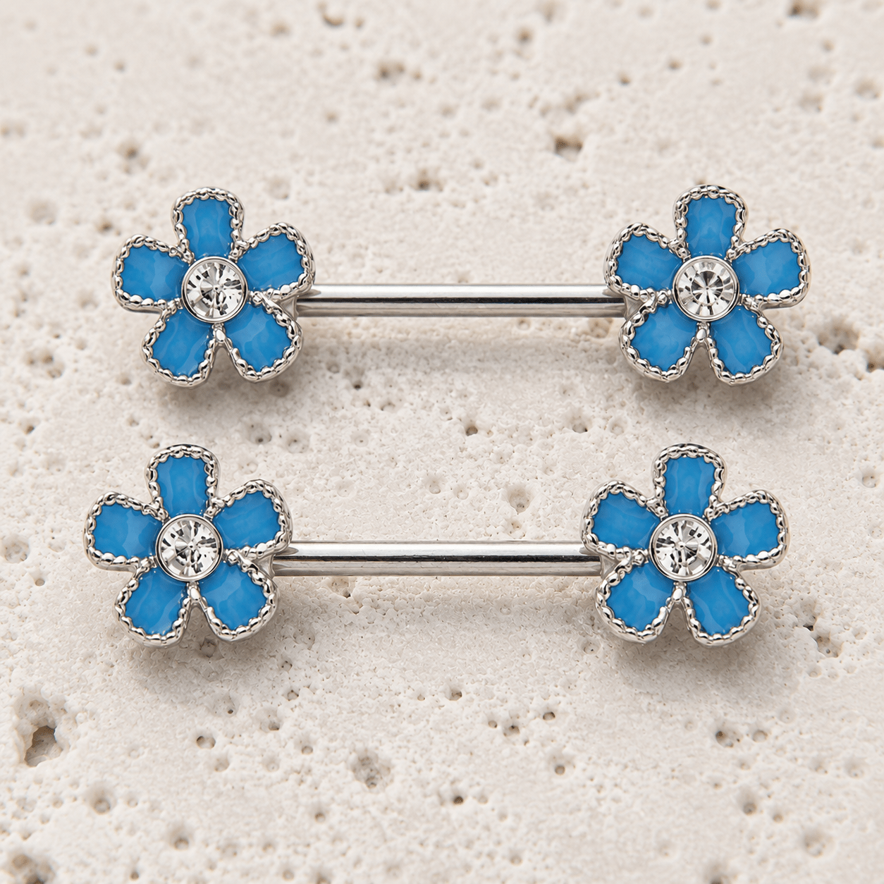 Stainless Steel Jeweled Teal Blue Flower Nipple Bar - Skin Metals
