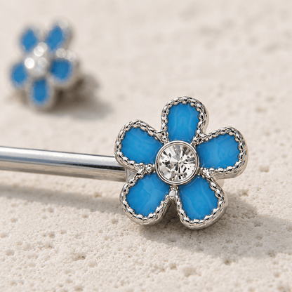 Stainless Steel Jeweled Teal Blue Flower Nipple Bar - Skin Metals