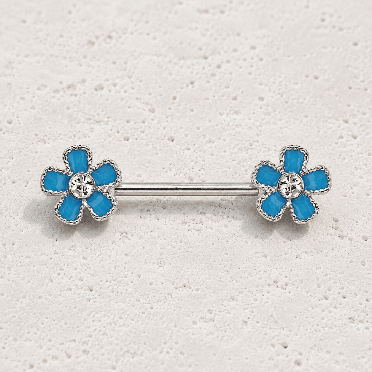 Stainless Steel Jeweled Teal Blue Flower Nipple Bar - Skin Metals