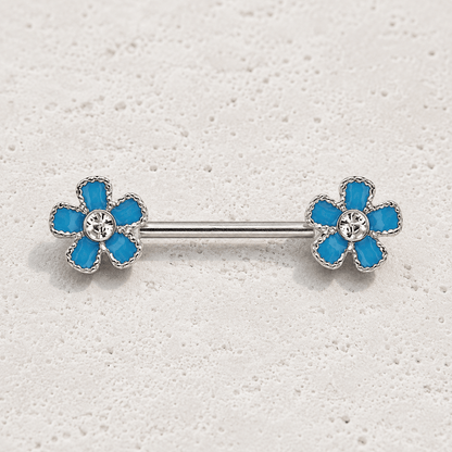 Stainless Steel Jeweled Teal Blue Flower Nipple Bar - Skin Metals